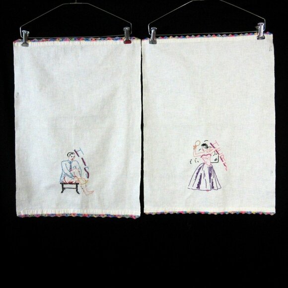 Flour Sack Linen His and Hers Towels Embroidered Crochet Edge Vintage 1950s - Picture 2 of 11
